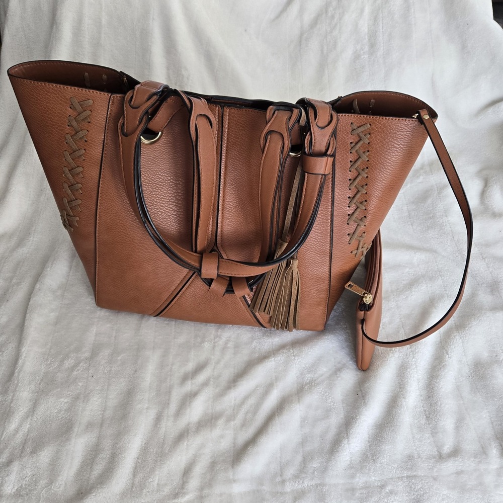 Boho Whipstitch Tassel Tote Camel‎ Pebbled Faux Leather Slouchy Western Chic Bag - Picture 6 of 16